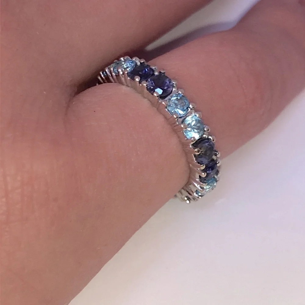Solid 18K White Gold Eternity Band Ring (not 14K) Purple Blue Natural Gemstones